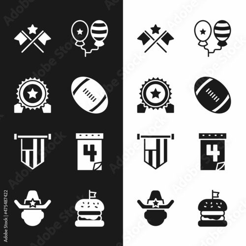 Set American Football ball, Medal with star, flag, Balloons, Calendar date July 4, Burger and Sheriff cowboy icon. Vector