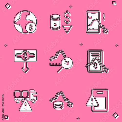 Set Global economic crisis, Drop in crude oil price, Mobile stock trading, Dollar rate decrease, Stop delivery cargo truck and icon. Vector