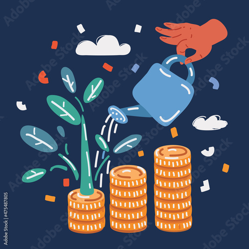 Cartoon vector illustration of Donations. Watering hand water stack of coin