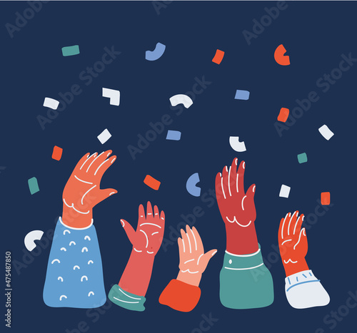 Cartoon vector illustration of people hands raised up and celebration