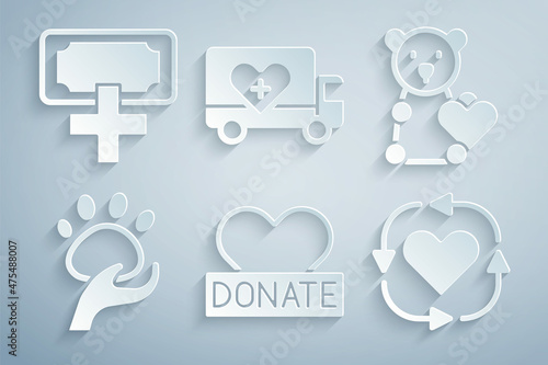 Set Donation and charity, Donate child toys, Animal volunteer, Volunteer, Humanitarian truck and icon. Vector