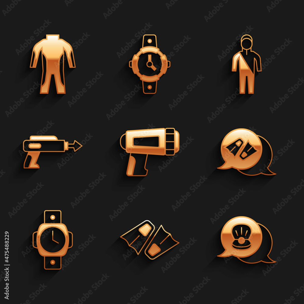 Set Flashlight for diver, Flippers swimming, Scallop sea shell, Diving watch, Fishing harpoon, Wetsuit scuba diving and icon. Vector Set Flashlight for diver, Flippers swimming, Scallop sea shell, Diving watch, Fishing harpoon, Wetsuit scuba diving and icon. Vector