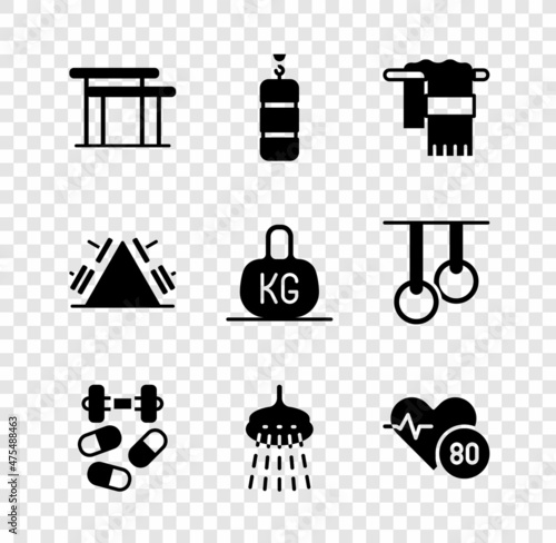 Set Uneven bars, Punching bag, Towel on hanger, Sports doping with dumbbell, Shower, Heart rate, Metal rack weight and Weight icon. Vector