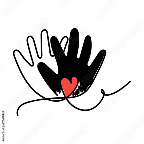 Isolated object on a white background. Hand-drawn palms in one line. Martin Luther King Day. Freedom. Two hands of different races with a heart. Suitable for posters and specialized literature.