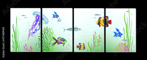 Underwater world ocean floor or modular paintings with sea animals and plants. Vector illustrations for wall designs and other. 