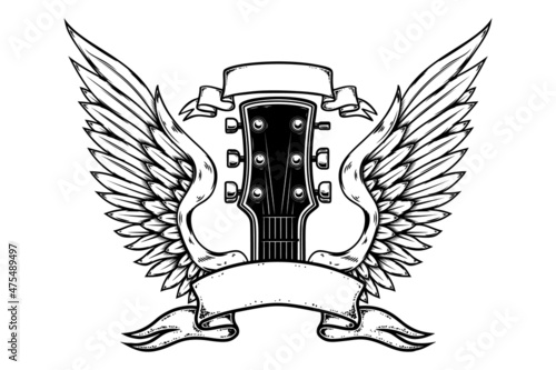 Rock music festival. Illustration of winged rock guitar. Design element for logo, label, sign. Vector illustration