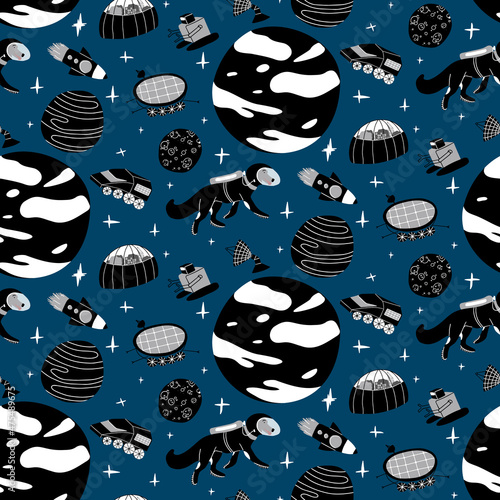 Vector hand drawn cartoon pattern of planet colonization in black and white colors on blue background. Dog astronaut, spaceship and futuristic vehicles for exploring space and uncharted planets.