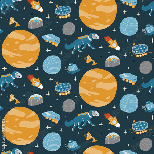 Vector hand drawn cartoon pattern of planet colonization. Dog astronaut, spaceship and futuristic vehicles for exploring space and uncharted planets and satellite.