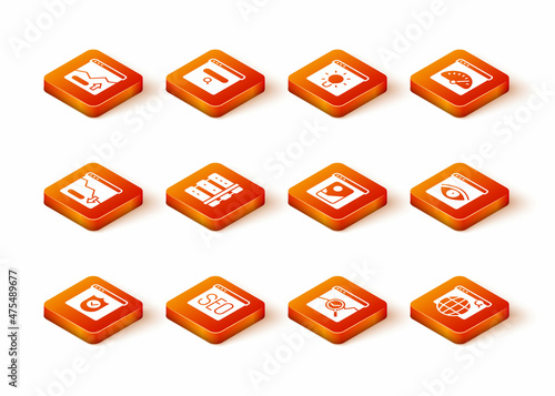 Set Browser with shield, SEO optimization, Financial growth decrease, Server, Website stocks market, Photo retouching, Search engine and incognito window icon. Vector