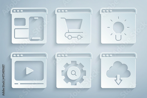 Set Browser setting, window, Online play video, Cloud download, shopping on screen and Web developer programming code icon. Vector