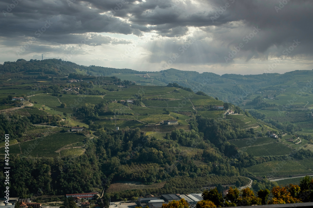 Fototapeta premium The hills full of vineyards of Santo Stefano Belbo, the area of Muscat wine in Piedmont, immediately after the harvest in autumn