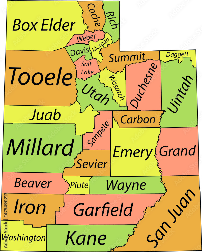 Pastel vector administrative map of the Federal State of Utah, USA with ...