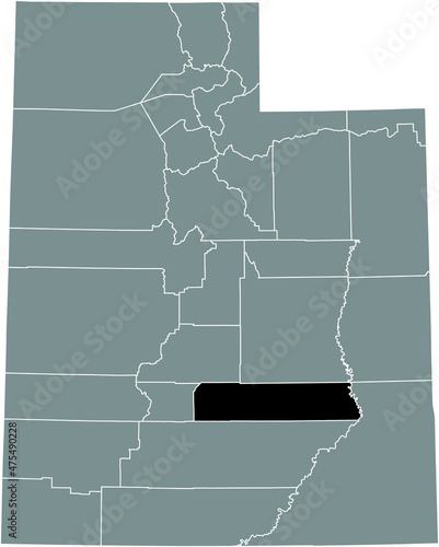 Black highlighted location map of the Wayne County inside gray administrative map of the Federal State of Utah, USA photo