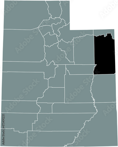Black highlighted location map of the Uintah County inside gray administrative map of the Federal State of Utah, USA