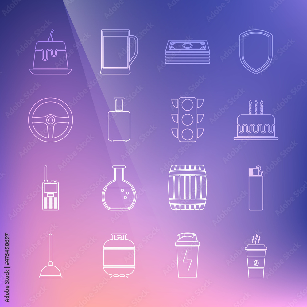 Set line Coffee cup, Lighter, Cake with burning candles, Stacks paper money cash, Travel suitcase, Steering wheel, Pudding custard and Traffic light icon. Vector Set line Coffee cup, Lighter, Cake with burning candles, Stacks paper money cash, Travel suitcase, Steering wheel, Pudding custard and Traffic light icon. Vector