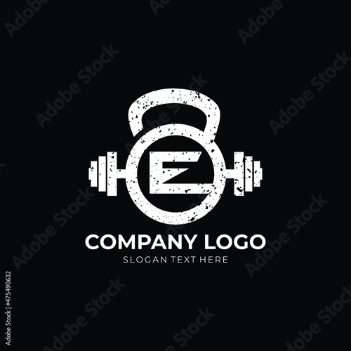 Kettlebell Grunge logo E Letter Logo Design E kettlebell grunge logo