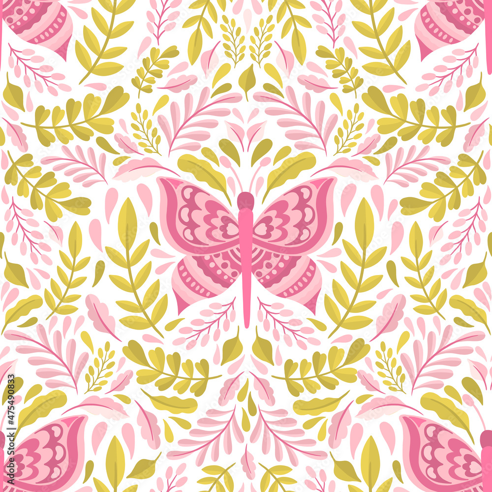 Fototapeta premium Butterfly and plant seamless pattern.Simple flat cute element insect.Cute cartoon design.
