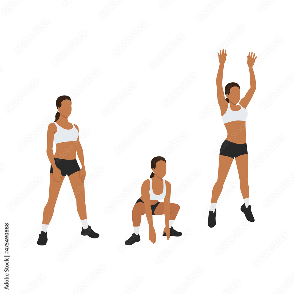 Woman doing Frog jumps exercise. Flat vector illustration isolated on white background