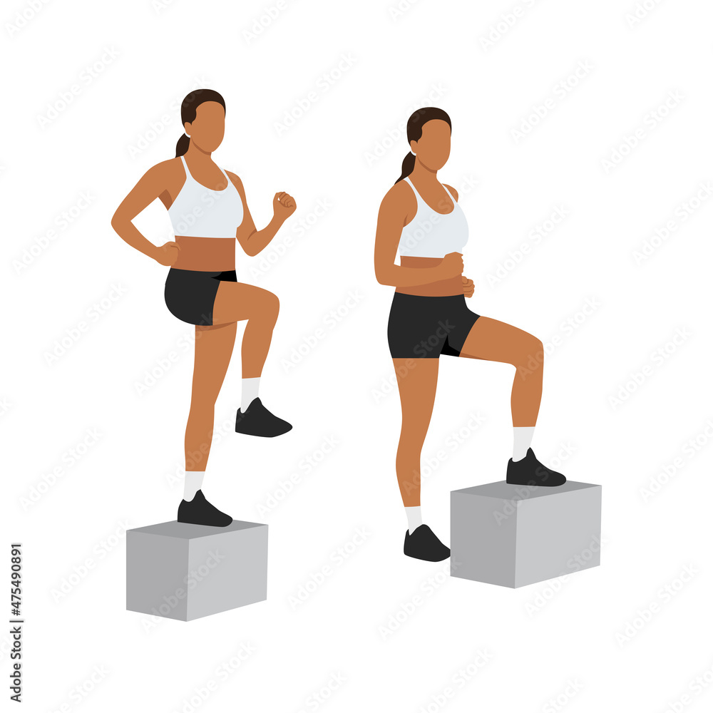 Vecteur Stock Woman doing Box step up exercise. Flat vector illustration  isolated on white background | Adobe Stock