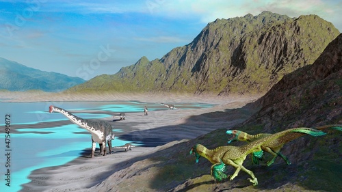 Arwork of titanosaurs and dromaeosaurs photo
