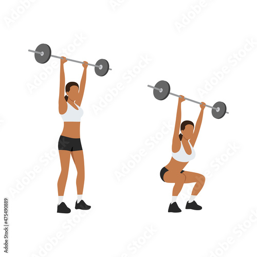Woman doing Barbell overhead press exercise. Flat vector illustration isolated on white background