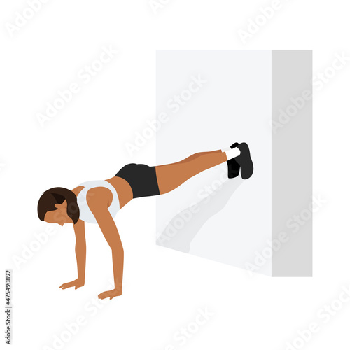 Woman doing Wall push ups exercise. Flat vector illustration isolated on white background 