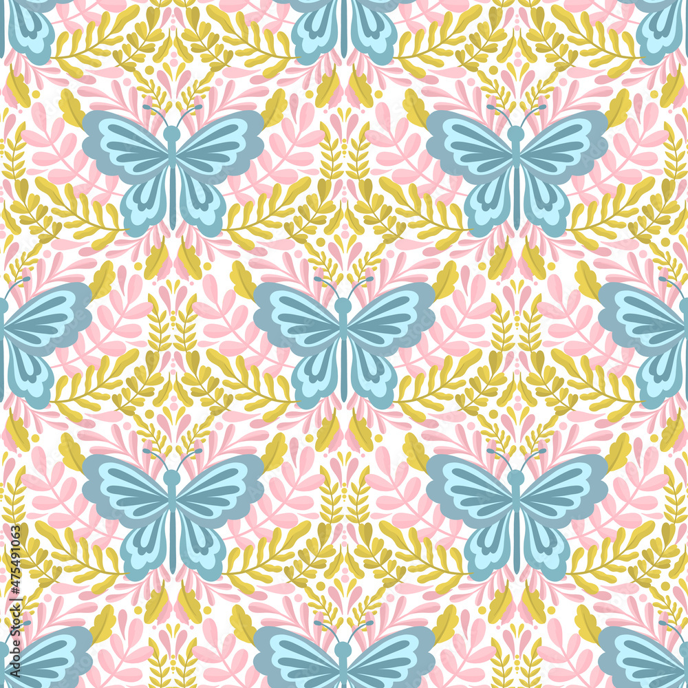 Butterfly and plant seamless pattern.Simple flat cute element insect.Cute cartoon design.