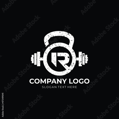 Kettlebell Grunge logo R Letter Logo Design R kettlebell grunge logo
