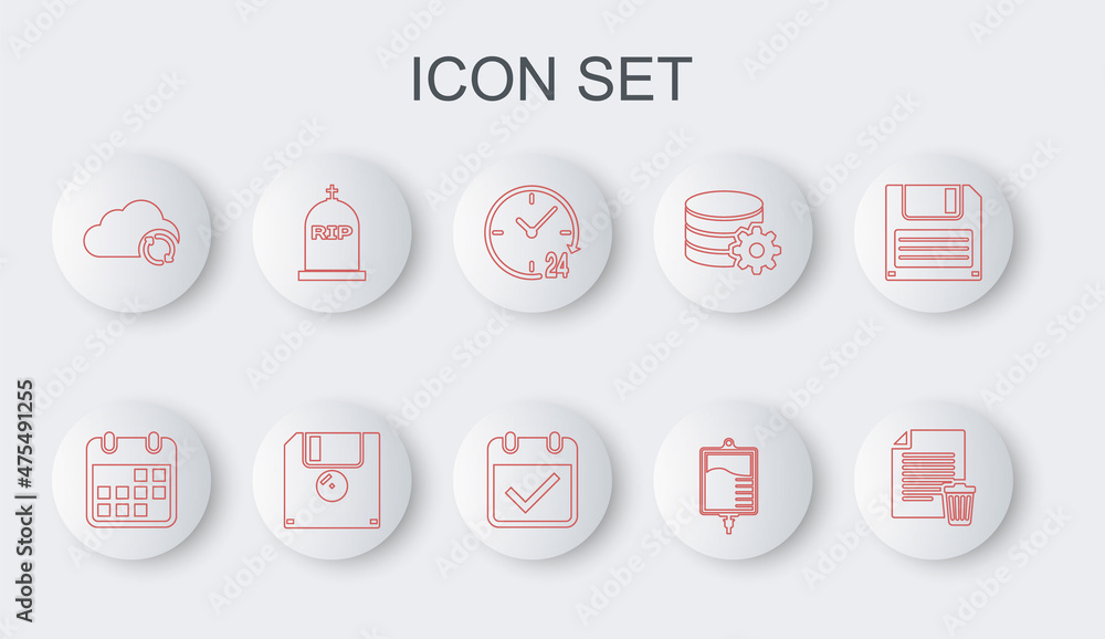 Set line Delete file document, Calendar, Clock 24 hours, IV bag, Cloud sync refresh, Tombstone with RIP written, Floppy disk and check mark icon. Vector Set line Delete file document, Calendar, Clock 24 hours, IV bag, Cloud sync refresh, Tombstone with RIP written, Floppy disk and check mark icon. Vector