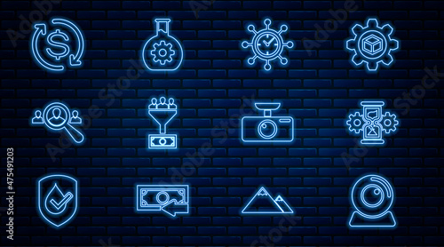 Set line Web camera, Hourglass and gear, Clock, Lead management, Magnifying for search people, Return of investment, Car DVR and Bioengineering icon. Vector