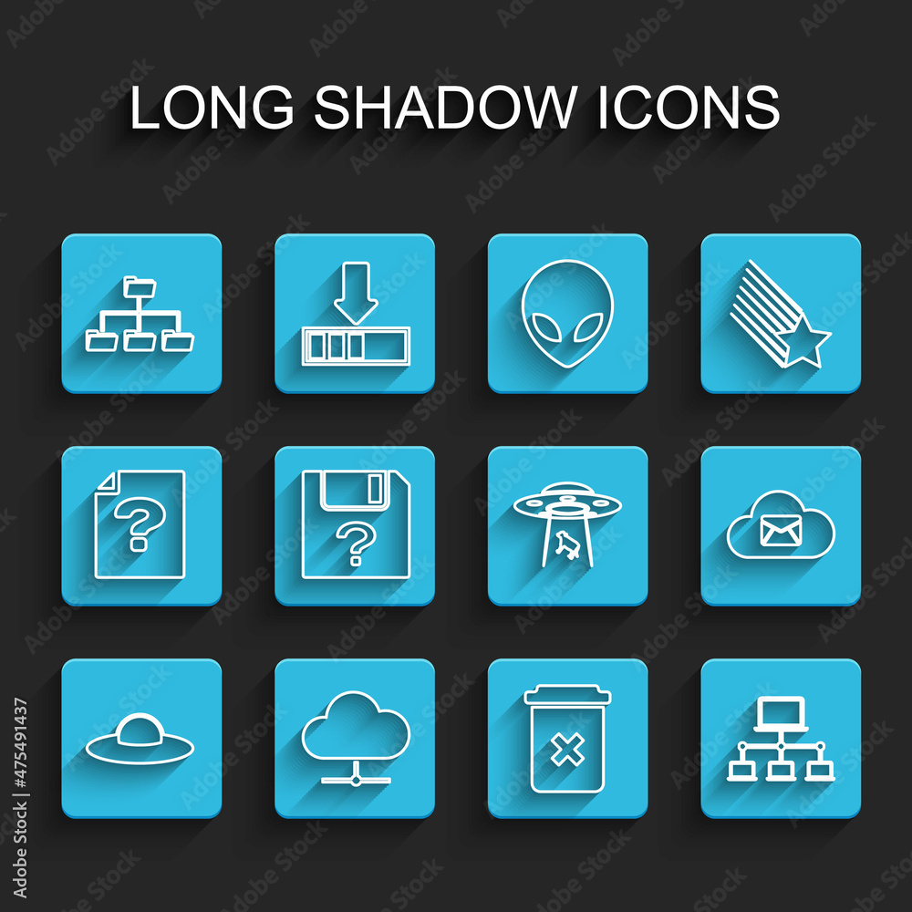 Set line UFO flying spaceship, Network cloud connection, Folder tree, Trash can, Computer network, Unknown document, Cloud mail server and abducts cow icon. Vector Set line UFO flying spaceship, Network cloud connection, Folder tree, Trash can, Computer network, Unknown document, Cloud mail server and abducts cow icon. Vector