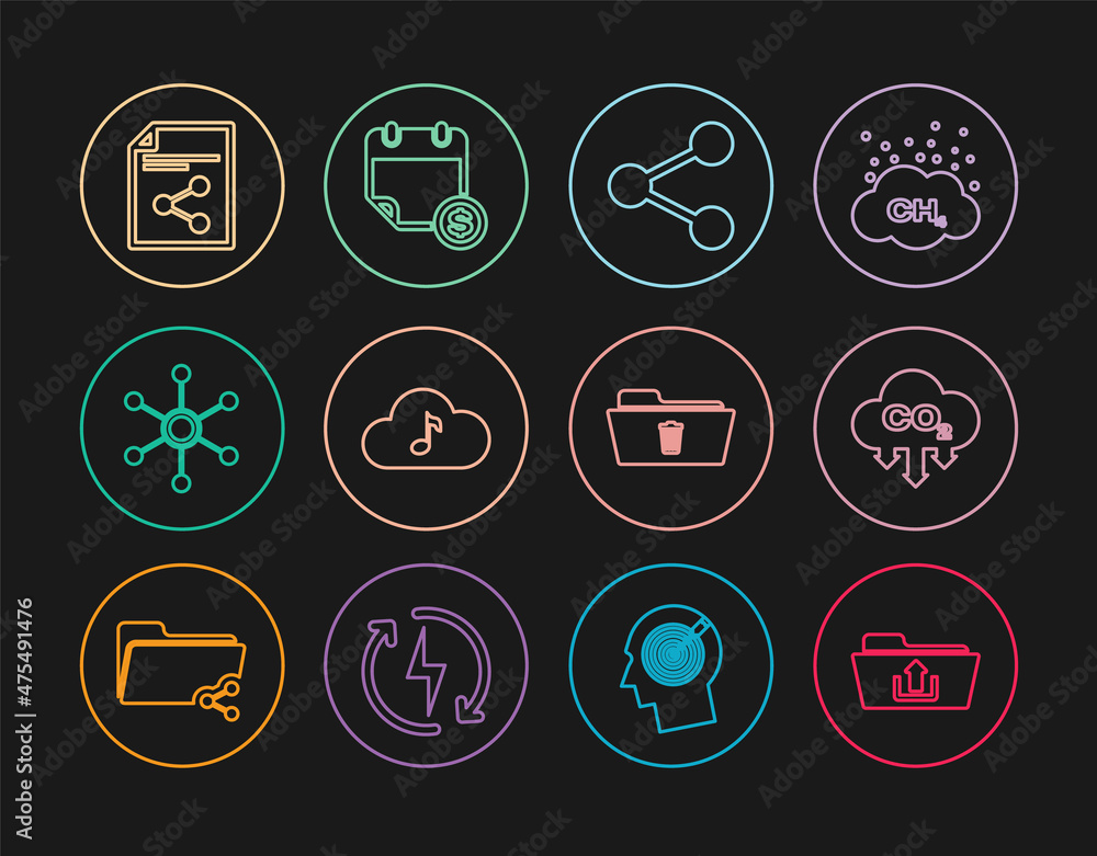 Set line Folder upload, CO2 emissions in cloud, Share, Music streaming service, Network, file, Delete folder and Financial calendar icon. Vector Set line Folder upload, CO2 emissions in cloud, Share, Music streaming service, Network, file, Delete folder and Financial calendar icon. Vector