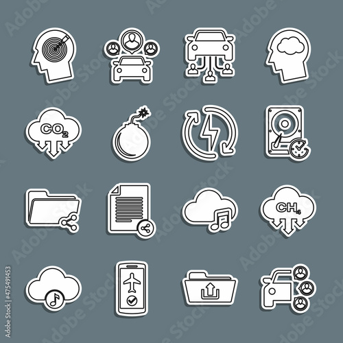 Set line Car sharing, Methane emissions reduction, Hard disk drive with clockwise, Bomb ready to explode, CO2 cloud, Head hunting concept and Recharging icon. Vector