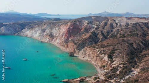 Fyriplaka beach aerial panoramic view, pull in drone shot of Greek Milos island photo
