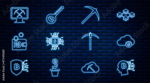 Set line Bitcoin think, Cryptocurrency cloud mining, Pickaxe, Processor chip with dollar, Proof of stake, Mining monitor and pickaxe, and key icon. Vector