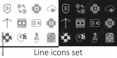 Set line ASIC Miner, CPU mining farm, Processor chip with dollar, Cryptocurrency bitcoin circuit, Pickaxe, Shield, wallet and exchange icon. Vector