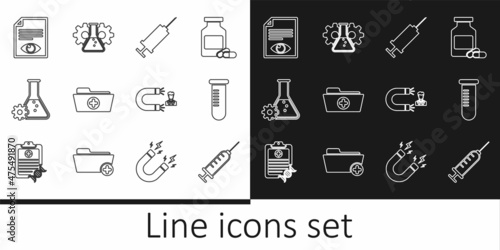 Set line Syringe, Test tube or flask, Health record folder, Bioengineering, Paper page with eye, Customer attracting and icon. Vector