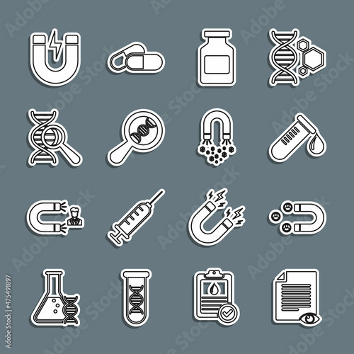 Set line Paper page with eye, Customer attracting, Test tube drop of blood, Medicine bottle, DNA research, search, Magnet lightning and money icon. Vector