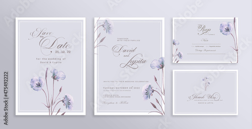 Wedding Invitation Set with Save the Date, RSVP, Thank You Card. Vintage Wedding invitation template with Purple Flower