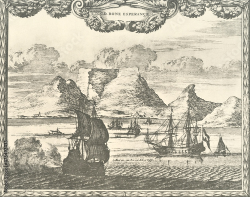 View of Cape Town, South Africa, 17th century illustration photo