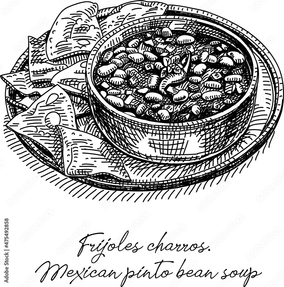 Mexican pinto bean soup Frijoles charros. Sketchy handdrawn vector