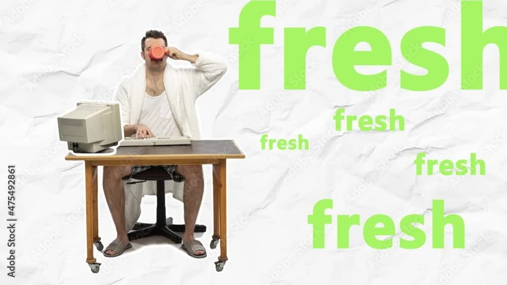 custom made wallpaper toronto digitalCup of coffee and you are ready for work. Men wearing pajamas. Freelancer or office worker, using internet at home. Looped animation. 4k. Stop motion design, 2D animation. Home business concept