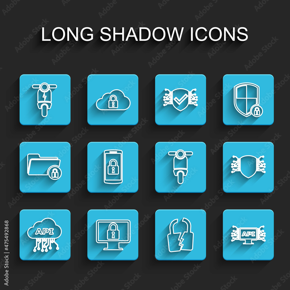 Set line Cloud api interface, Lock on monitor, Electric scooter, Broken cracked lock, Computer, Smartphone with, Cyber security and Scooter icon. Vector Set line Cloud api interface, Lock on monitor, Electric scooter, Broken cracked lock, Computer, Smartphone with, Cyber security and Scooter icon. Vector