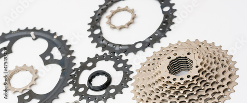 Gears, sprockets and chain of a mountain sports bike photo