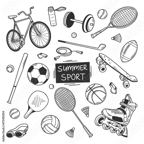 Hand drawn sport equipment icon set in doodle style. Vector illustration isolated on white background.