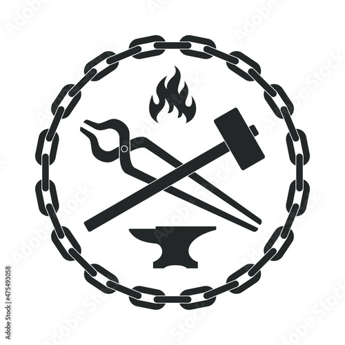 Blacksmith shop graphic label. Forge symbol with forging tools including hammer, anvil, tongs and fire. Vector illustration