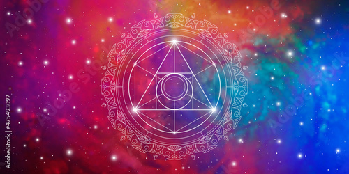 Sacred geometry zentangle inspired design template with oriental tribal ornaments. Philosopher stone ornamental new age wide banner.  Meditation symbol in front of outer space background.