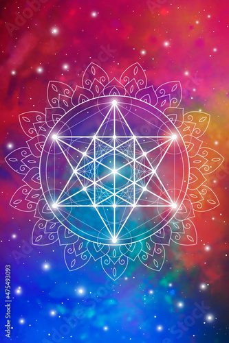 Sacred geometry zentangle inspired design template with oriental tribal ornaments. Merkaba ornamental new age art.  Meditation symbol in front of outer space background.
