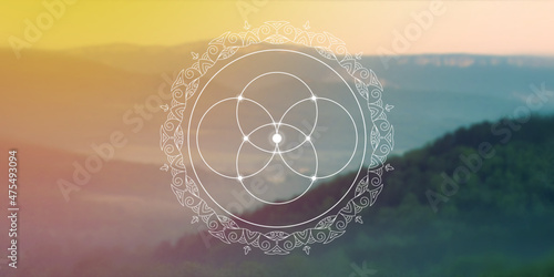 Sacred geometry zentangle inspired design template with oriental tribal ornaments. Flower of life ornamental wide new age banner.