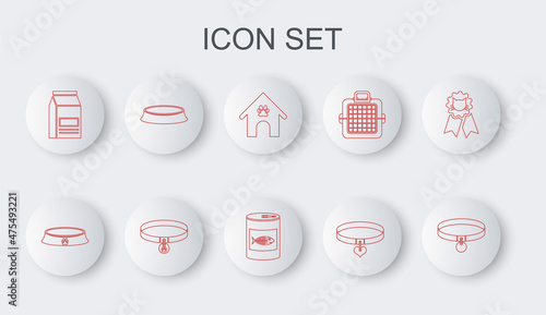 Set line Collar, Pet food bowl, Dog house and paw print pet, heart, Bag of, with name tag and Canned for cat icon. Vector
